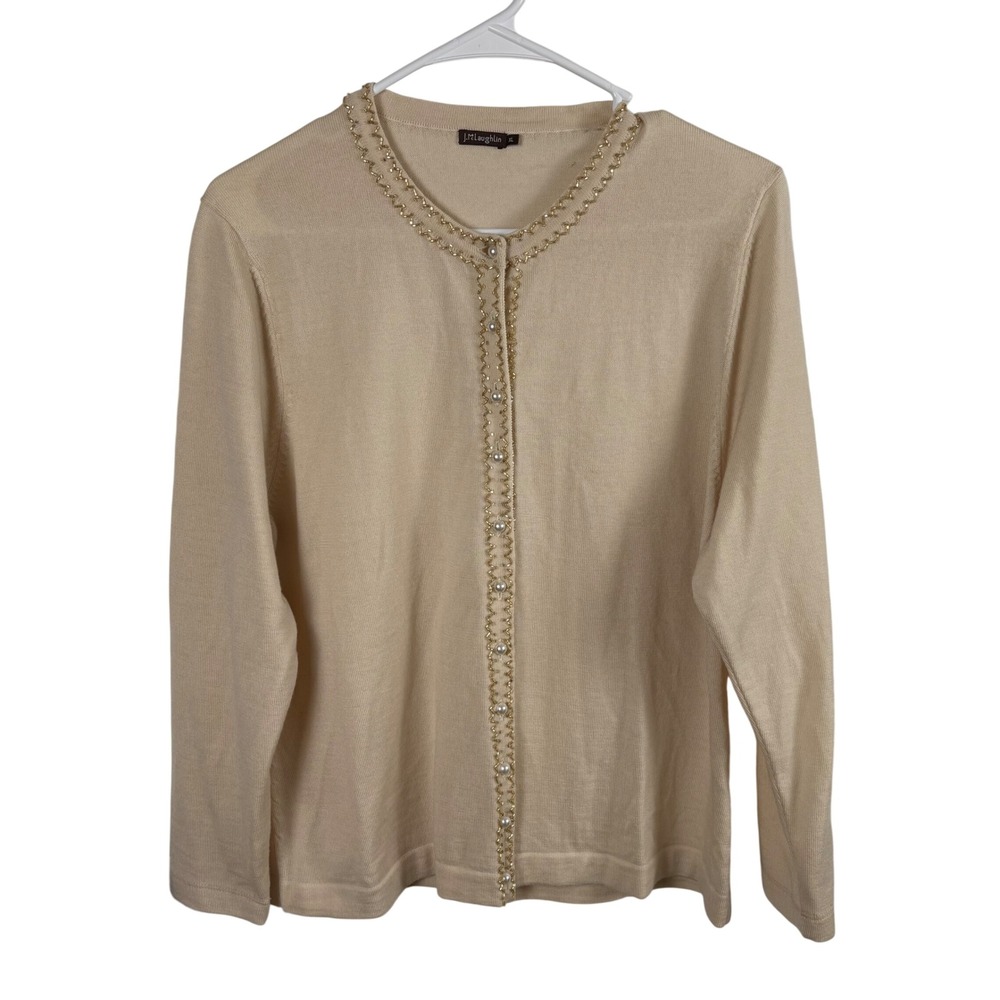 J.McLaughlin Wool Cardigan Sweater Women's XL Beige Beaded Old Money Luxury Chic